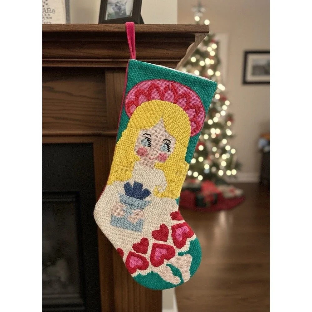 Vintage Hand-Stitched Needlepoint Christmas Tree Stocking 16” Angel